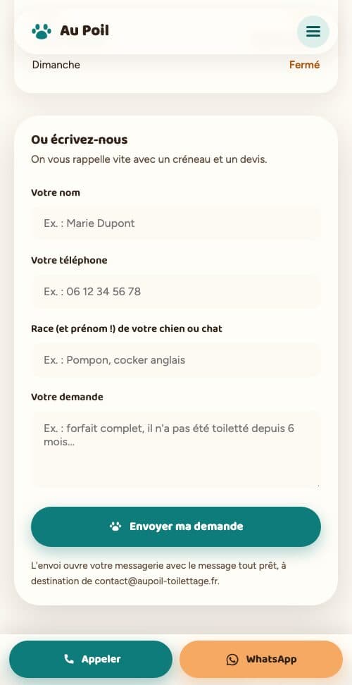 Page de contact du site Au Poil sur téléphone